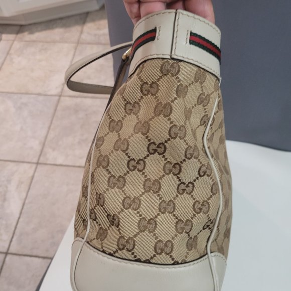 RARE***GUCCI SHERRY LINE~ GG MONOGRAM~ LEATHER & CANVAS TOTE~ - Picture 11 of 16